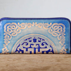 Handmade Genuine Leather Mens Cool Tooled Long Leather Wallet Bifold Clutch Wallet for Men