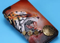 Handmade Leather Tooled Tiger Mens Chain Biker Wallet Cool Leather Wallet Long Clutch Wallets for Men