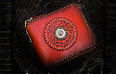 Handmade Leather Small Tibetan Tooled Mens billfold Wallet Cool Chain Wallet Biker Wallet for Men