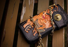 Handmade Leather Tooled Prajna Mens Chain Biker Wallet Cool Leather Wallet With Chain Wallets for Men