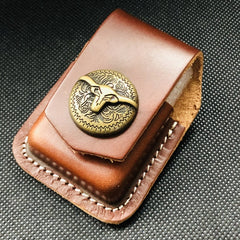 Brown Handmade Leather Mens Chinese Lion Zippo Lighter Holders Lighter Case For Men - iwalletsmen