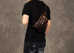 Genuine Leather Mens Cool Chest Bag Sling Bag Crossbody Bag Travel Bag Hiking Bag for men