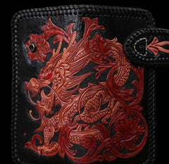 Handmade Mens Cool Tooled Chinese Dragon Leather Chain Wallet Biker Trucker Wallet with Chain