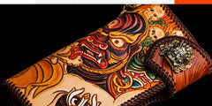 Handmade Leather Tooled Mahākāla Mens Chain Biker Wallet Cool Leather Wallet Long Clutch Wallets for Men