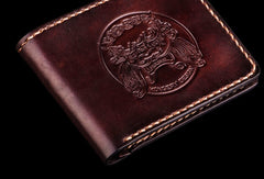 Handmade Leather Chinese Lion Tooled Mens billfold Wallet Cool Leather Wallet Slim Wallet for Men