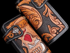 Handmade Leather Skull Mens Chain Biker Wallet Cool Leather Wallet Long Tooled Wallets for Men