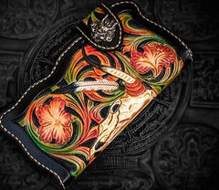 Handmade Leather Black Mens Tooled Skull Chain Biker Wallet Cool Leather Wallet Long Clutch Wallets for Men