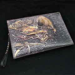Black Handmade Tooled Leather Double Carps Clutch Wallet Wristlet Bag Clutch Purse For Men - iwalletsmen