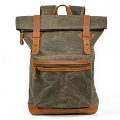 Coffee Waxed Canvas Leather Mens Cool Backpack Canvas Travel Backpack Canvas School Backpack for Men - iwalletsmen