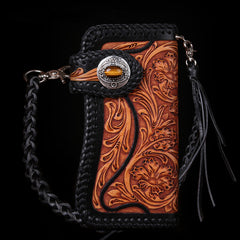 Handmade Mens Cool Tooled Floral Leather Chain Wallet Biker Trucker Wallet with Chain - iwalletsmen