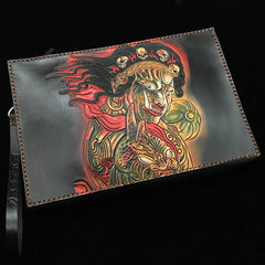 Black Handmade Tooled Leather Wolf Clutch Wallet Wristlet Bag Clutch Purse For Men - iwalletsmen
