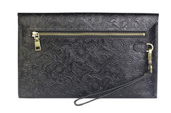 Handmade Leather Floral Tooled Mens Clutch Cool Slim Wallet Zipper Clutch Wristlet Wallet for Men