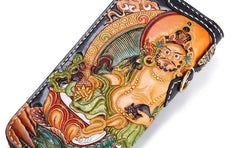 Handmade Leather Tooled Yellow Jambhala Mens Chain Biker Wallet Cool Leather Wallet Zipper Long Phone Wallets for Men