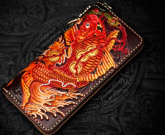 Handmade Leather Tooled Carp Mens Chain Biker Wallet Cool Leather Wallet Long Phone Wallets for Men
