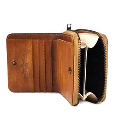 Genuine Leather Mens Cool Zipper Leather Wallet Men Small Wallets Bifold for Men