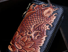 Handmade Leather Tooled Carp Mens Chain Biker Wallet Cool Leather Wallet Zipper Long Phone Wallets for Men