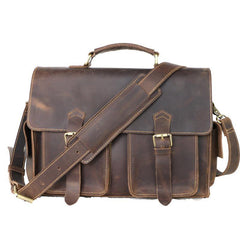 Vintage Dark Brown Leather Mens 14 inches Briefcase Work Shoulder Briefcase Handbags For Men - iwalletsmen