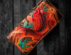 Handmade Leather Tooled Carp Mens Chain Biker Wallet Cool Leather Wallet Long Phone Wallets for Men
