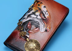 Handmade Leather Tooled Tiger Mens Chain Biker Wallet Cool Leather Wallet Long Clutch Wallets for Men