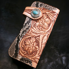 Handmade Mens Cool Tooled Boa Skin Floral Leather Chain Wallet Biker Trucker Wallet with Chain