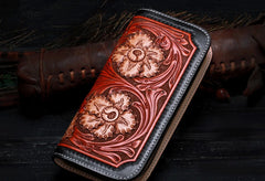 Handmade Leather Mens Clutch Wallet Cool Floral Tooled Wallet Long Zipper Wallets for Men