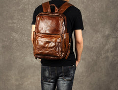 Genuine Leather Mens Cool Backpack Sling Bag Large Brown Travel Bag Hiking Bag for men