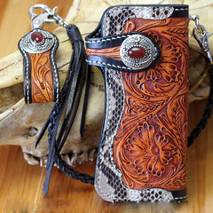 Handmade Mens Cool Tooled Boa Skin Floral Leather Chain Wallet Biker Trucker Wallet with Chain