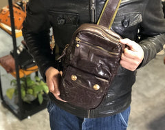 Genuine Leather Mens Cool Chest Bag Sling Bag Crossbody Bag Travel Bag Hiking Bag for men
