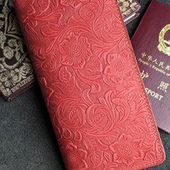 Handmade Leather Floral Mens Cool Travel Long Wallet Passport Card Holder Card Slim Wallets for Men