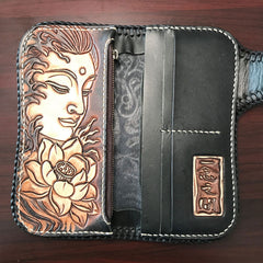 Handmade Leather Mens Cool Black Buddha Chain Wallet Biker Trucker Wallet with Chain