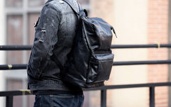 Genuine Leather Mens Cool Backpack Sling Bag Large Black Travel Bag Hiking Bag for men