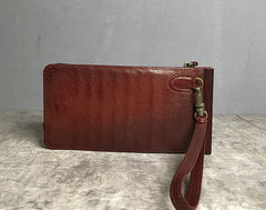 Genuine Leather Mens Cool Long Leather Wallet Cards Phone Zipper Clutch Wristlet Wallet for Men