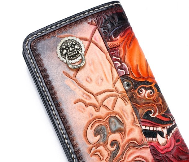 Handmade Leather Chinese Lion Mens Chain Biker Wallet Cool Leather Wallet with Chain Wallets for Men