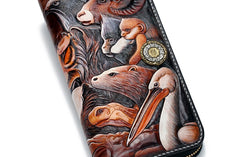 Handmade Leather Tooled The Animals Mens Chain Zipper Biker Wallet Cool Leather Wallet Long Phone Wallets for Men