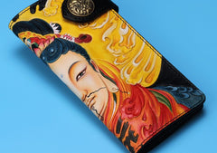 Handmade Leather Quan yin Buddha Mens Chain Biker Wallet Cool Leather Wallet With Chain Wallets for Men