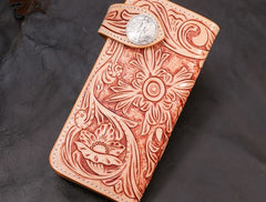 Handmade Mens Cool Tooled Floral Leather Chain Wallet Biker Trucker Wallet with Chain - iwalletsmen
