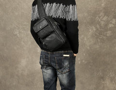 Genuine Leather Mens Cool Chest Bag Sling Bag Crossbody Bag Travel Bag Hiking Bag for men