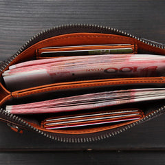 Handmade Leather Mens Cool Long Leather Wallet Zipper Clutch Wristlet Wallet for Men