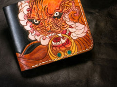 Handmade Leather Chinese Lion Tooled Mens billfold Wallet Cool Leather Wallet Slim Wallet for Men