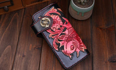 Handmade Mens Cool Tooled Carp Leather Chain Wallet Biker Trucker Wallet with Chain