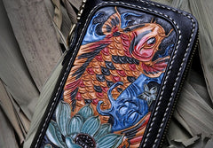 Handmade Leather Carp Mens Chain Biker Wallet Cool Leather Wallet Long Phone Wallets for Men