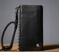 Genuine Leather Mens Cool Biker Chain Wallet Long Leather Wallet Clutch Wristlet Wallet for Men