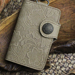 Handmade Leather Floral Mens Cool Key Wallet Wallet Card Holder Small Card Keychain Wallets for Men