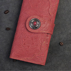 Handmade Leather Floral Mens Cool Travel Long Wallet Card Holder Card Slim Clutch Wallets for Men