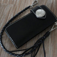 Handmade Leather Mens Cool Black Chain Wallet Biker Trucker Wallet with Chain