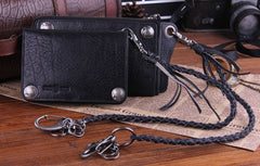 Genuine Leather Mens Cool Biker Chain Wallet Long Leather Wallet Slim Clutch Wristlet Wallet for Men