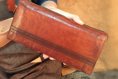 Handmade Genuine Leather Mens Cool Long Wallet Wristlet Bifold Clutch Wallet for Men