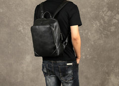 Genuine Leather Mens Cool Backpack Sling Bag Large Black Travel Bag Hiking Bag for men