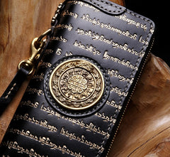 Handmade Leather Mens Chain Tibetan Biker Wallet Cool Leather Wallet Long Phone Wallets for Men