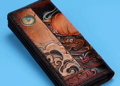 Handmade Leather Chinese Lion Mens Chain Biker Wallet Cool Leather Wallet With Chain Wallets for Men
